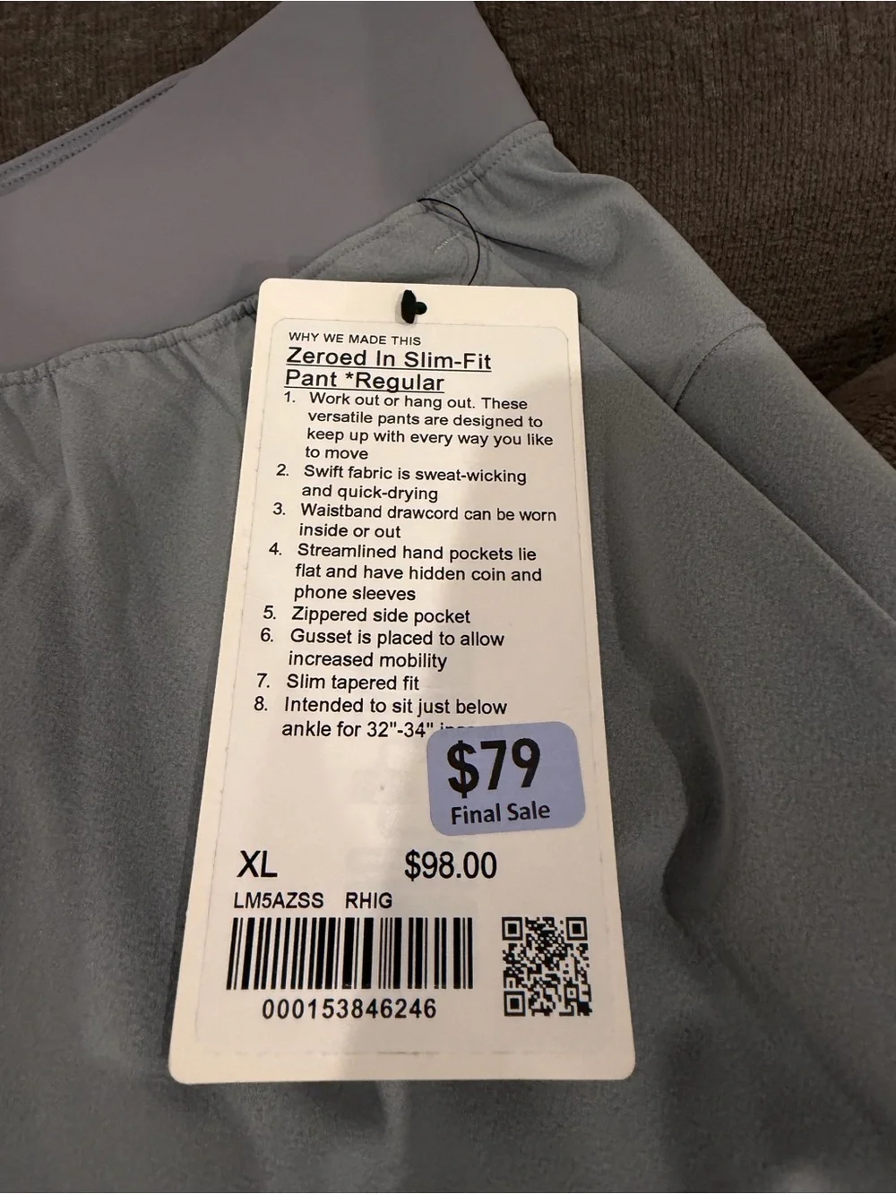 LULULEMON - Men’s Sz XL Zeroed In Slim Fit Light Gray Pants NWT